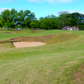 Golf holiday review of Louisiana and the Audubon Golf Trail: The green at the 4th hole is memoriable but so are some of the bunkers before you get there! at Tamahaka Trails Golf Course At Paragon Casino Resort