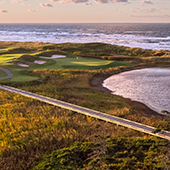 Golf holiday review of Links At Crowbush Cove, Cape Breton Island, Canada. Aerial view of the 8th hole