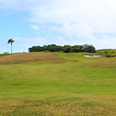 Golf holiday review of St Kitts and Nevis.Irie Fields Golf Course at Kittitian Hill. Par 5, 7th hole
