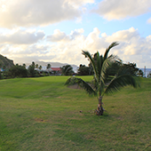 Golf holiday review of St Kitts and Nevis. 3rd hole at Royal St Kitts Golf Club with the Caribbean Sea as a backdrop