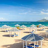 Hotel and Spa Review, St Kitts Marriott Resort, St Kitts. Sun loungers on the beach